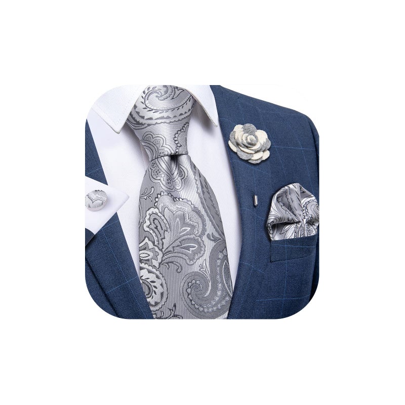 DiBanGu Silk Ties for Men Necktie and Lapel Pin Brooch Set Formal Woven Paisley Plaid Striped Solid Tie Wedding Party, Silver Grey - Image 1